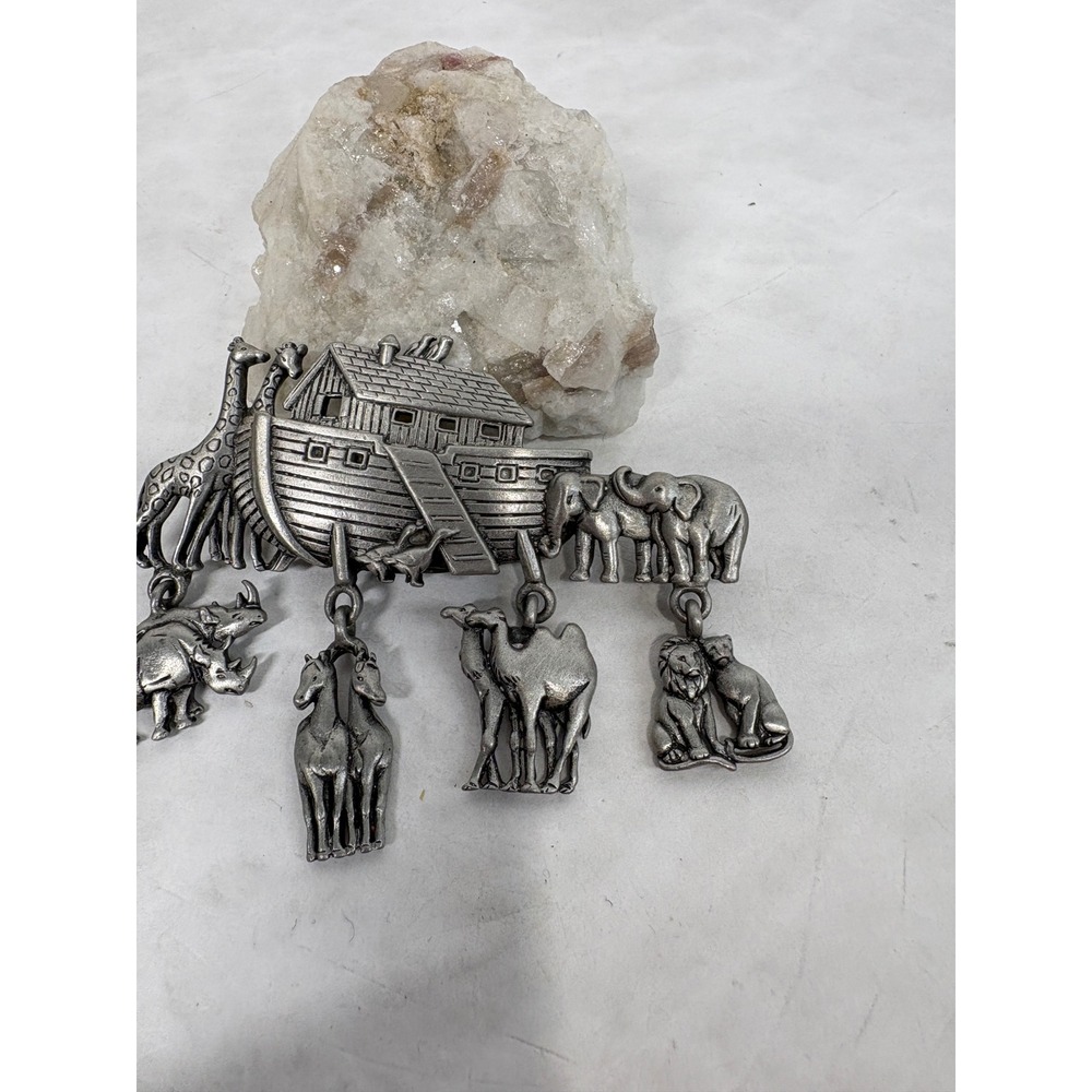 JJ Jonette Noahs Ark Brooch Pewter Tone Dangling Animal Charms Vintage Pin - Picture 3 of 6